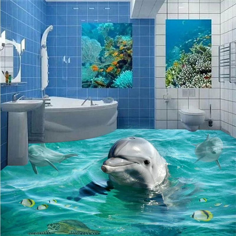 beibehang dolphin Custom 3D floor mural wall paper non-slip self-adhesive PVC photo Wallpaper roll bathroom mural papel wall