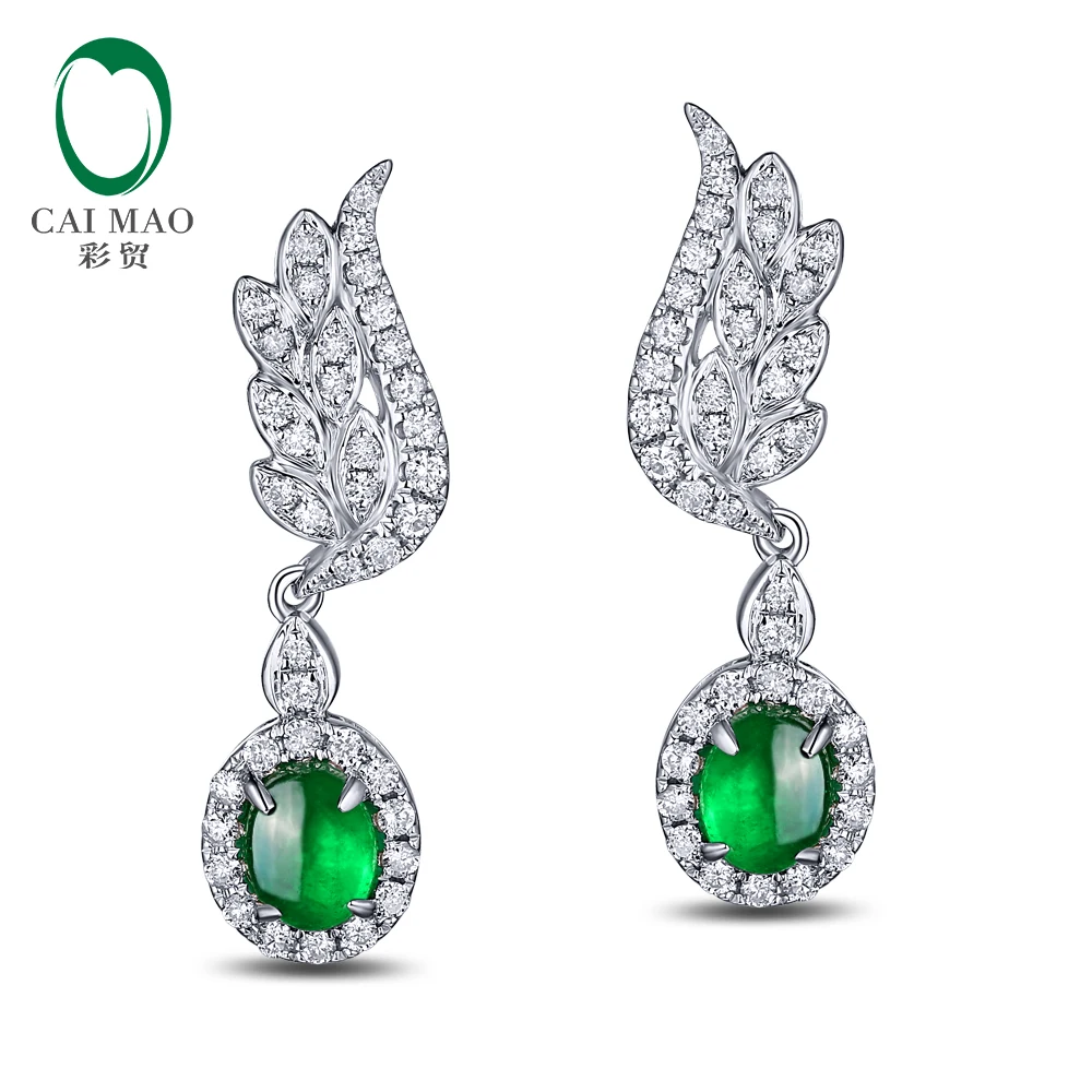 CaiMao 0.81ct Natural Emerald 14KT/585 White Gold 0.47ct Round Cut Diamond Earrings Jewelry Gemstone