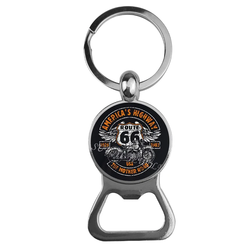 Classic Americas Highway Route 66 Glass Cabochon Bottle Opener Keychain Motorcycle Key Chain For Men Jewelry