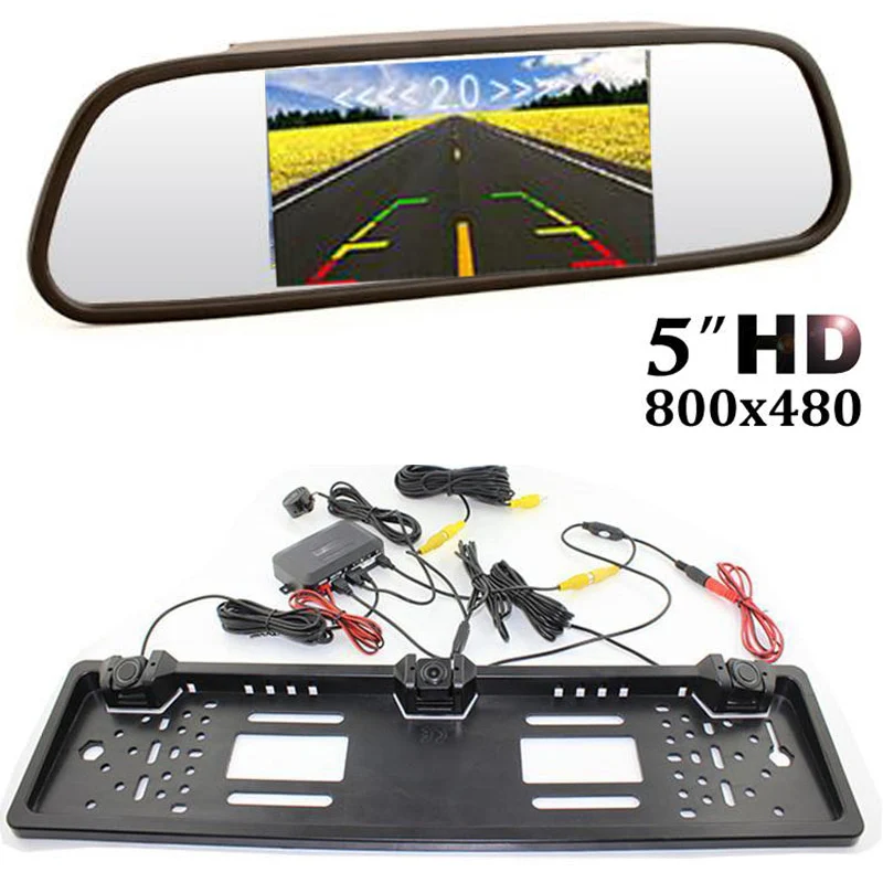 

All car Parking Sensors CCD EU European Russian car license plate camera + hd 5 inch 800x480 Car Mirror Monitor, Free Shipping