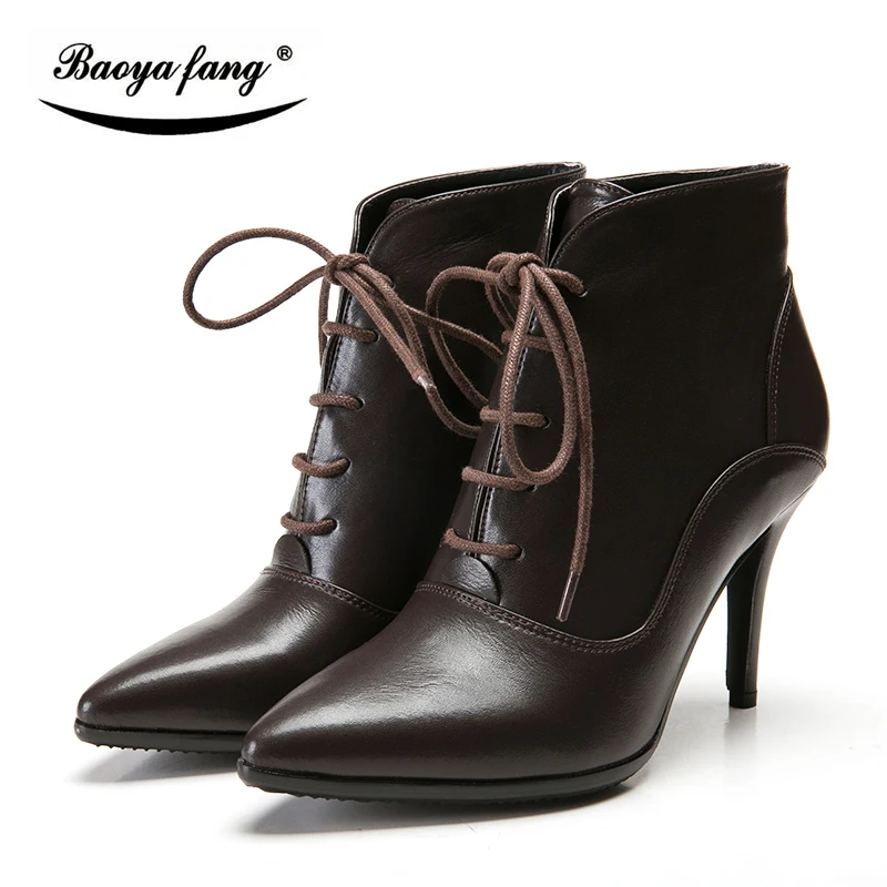 

BaoYaFang New arrival Brown/Black Womens Winter ankle Boots High thin heel fashion female Boots
