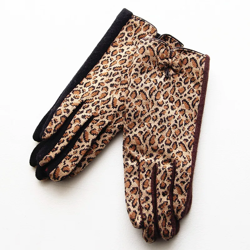 Autumn winter wool gloves women's warm leopard fashion bow decoration fashion high-end atmosphere driving driving gloves D19