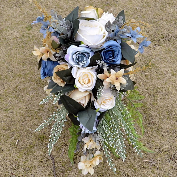 2021 Navy Bridal Bouquet with White Grey Roses Nature Initial Charm Silk Wedding Flowers for Bridal Party Matrimonio Wedding