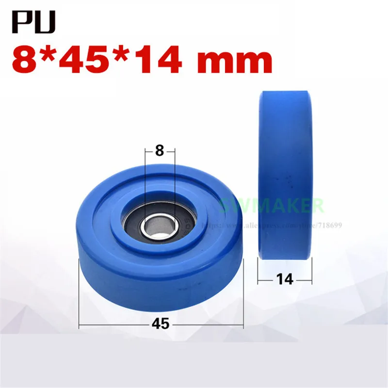 1pcs 8*45*14mm 608RS bearing rubber wheel/guide wheel/flat roller, PU polyurethane pulley, silent mechanical pulley