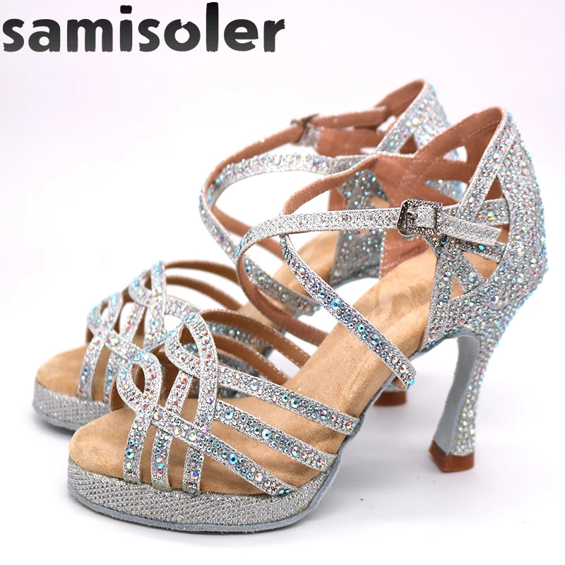 Latin Dance Shoes with Platform Jazz Shoes Dance Ballroom Shoes Girls Rhinestone High Heels Glitter Salsa Dancing Shoes