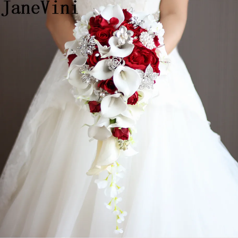 

JaneVini 2018 Vintage Red Rose Bouquet With Crystal Waterfall Bridal Pearl White Wedding Bouquet Artificial Flowers Bride Brooch