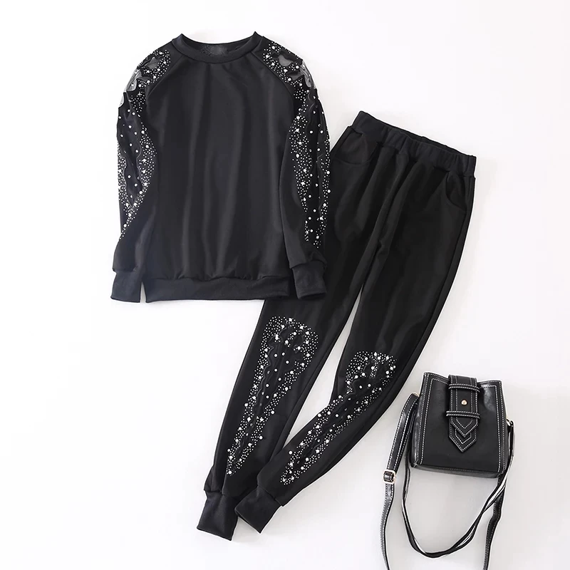 Large Size Spring Black Two Piece Set Women Long Sleeve Hollow Beaded 2 Piece Set Women Round Neck Elastic Waist Suit Female 122