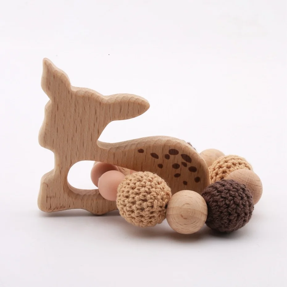 1pc Wooden Teether Aniaml Sika Deer DIY Crafts Baby Bracelet Rattles Beech Wood Rodent Crochet Beads Gifts For Kids Products Toy