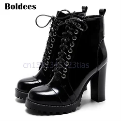 Fashion Bright Leather Ankle Boots Platform Short Sexy High Heels Shoes Women Pumps Lace Up Botines Mujer