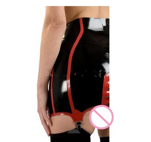 Black with Red Latex Skirt With garters Elastic Rubber suspender belt Clip Braces Tights High straps girdle