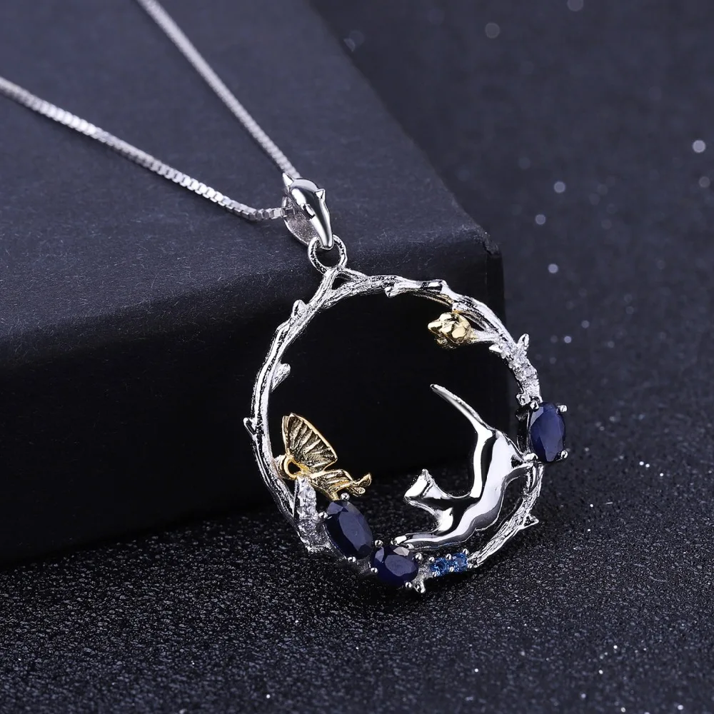 GEM'S BALLET 925 Sterling Silver Handmade Cat & Butterfly Pendant Necklace 0.84Ct Natural Blue Sapphire Fine Jewelry for Women - Image 2