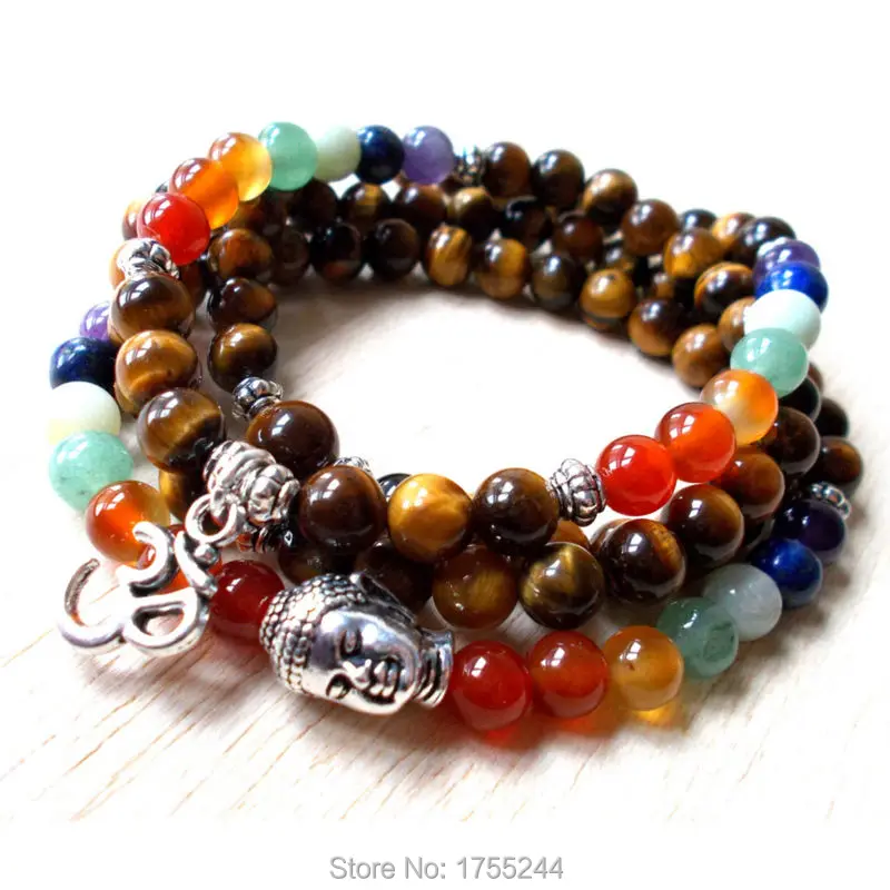 SN1129 Tiger Eye Jaspe Mala 108 Mala Beads Chakra Necklace Buddhist Beads Necklace Meditation Buddha and Ohm Bracelet