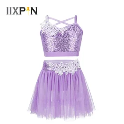 Girls Figure Skating Dress Baton Twirling Dance Costume Spaghetti Shoulder Straps Sequined Crop Top with Tulle Tutu Skirt Set