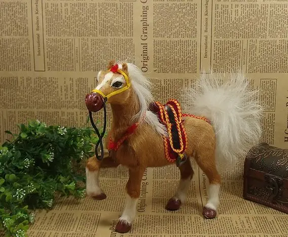 

about 23x20cm brown horse model raise leg,polyethylene&real furs handicraft Figurines & Miniatures decoration gift a2970