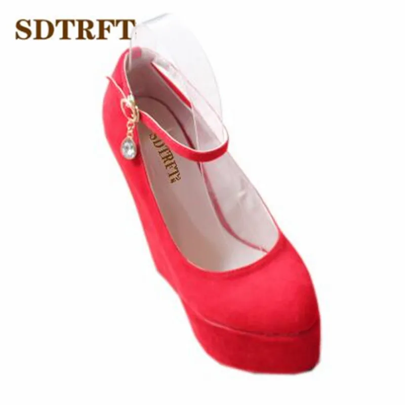 SDTRFT stilettos small Yards:30 31 32 33-43 sweet 15cm High-Heeled Ankle strap Suede platform shoes wedges shallow mouth pumps