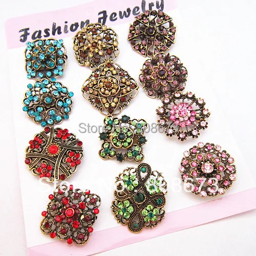 

12PCS Mixed Designs Flower Multicolor Crystal Vintage Brooches Pin Crystal Wedding Bouquet Brooches