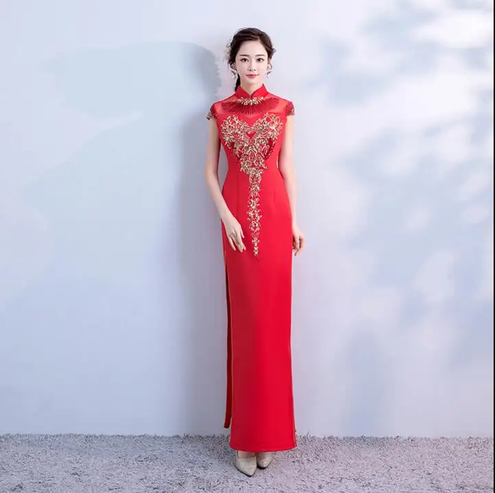 

Chinese Traditional Dress Red Sequins Wedding Cheongsam Oriental Summer Women Embroidery Long