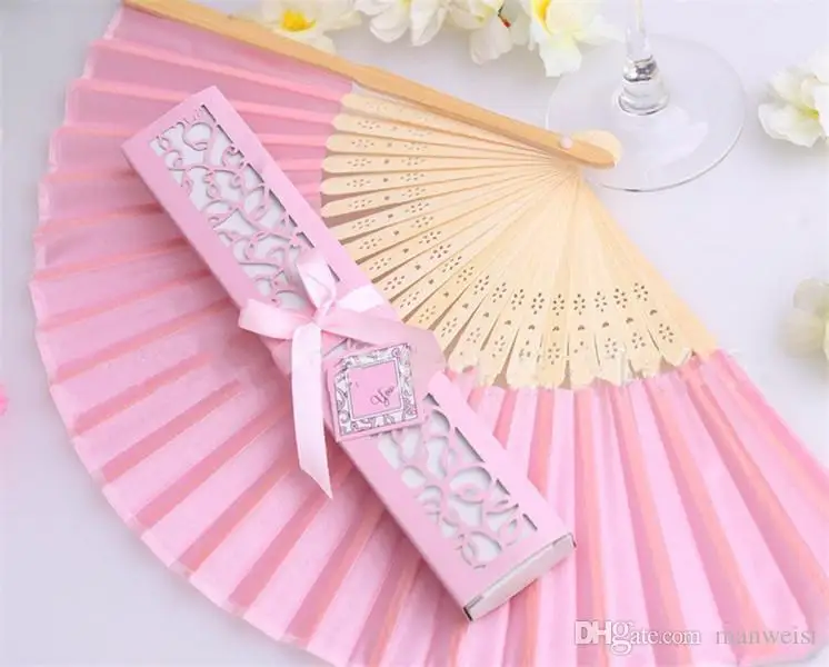 50Pcs Wholesale Mix Color Personalized Printing/Engrave Logo On Ribs Wooden Bamboo Hand Silk Wedding Fans+Gift Box Free Shipping