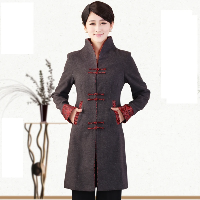 High Quality Gray Thick Cashmere Chinese Tradition Women's Long Jacket Coat Lengthen Outerwear Dust Coat  S M L XL XXL XXXL