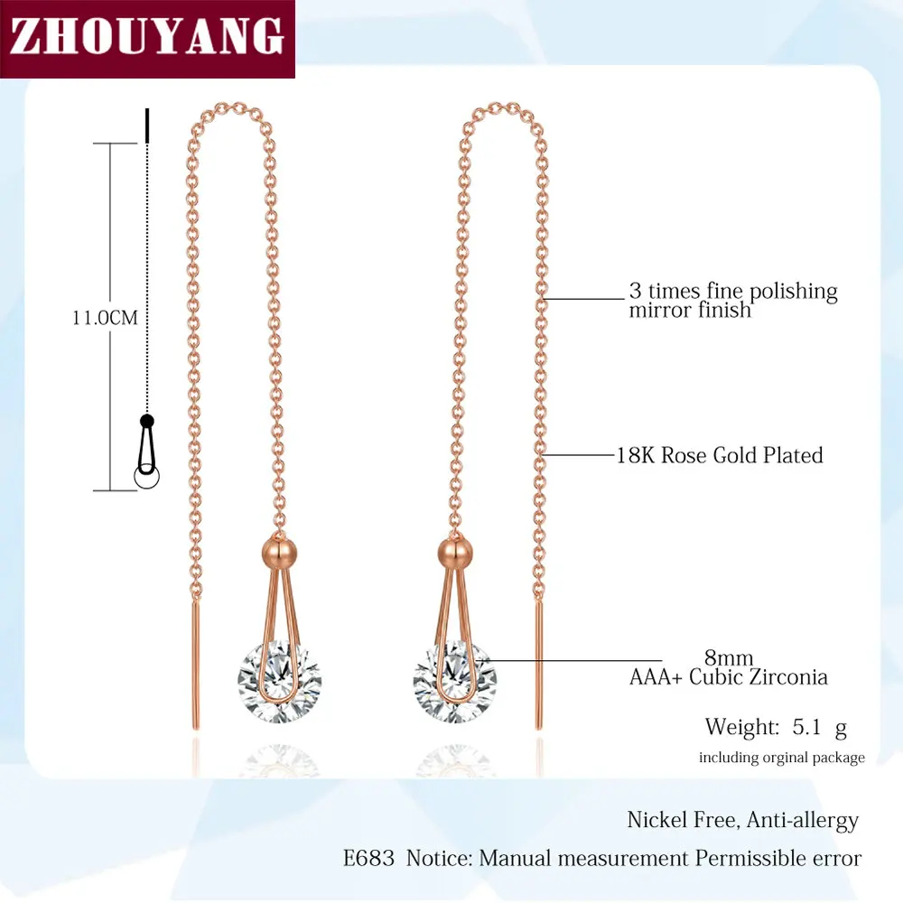 ZHOUYANG Chain Earring For Women Cubic Zirconia Long Chain Rose Gold Color & Silver Color  Ear Line Fashion Jewelry Gift ZYE683