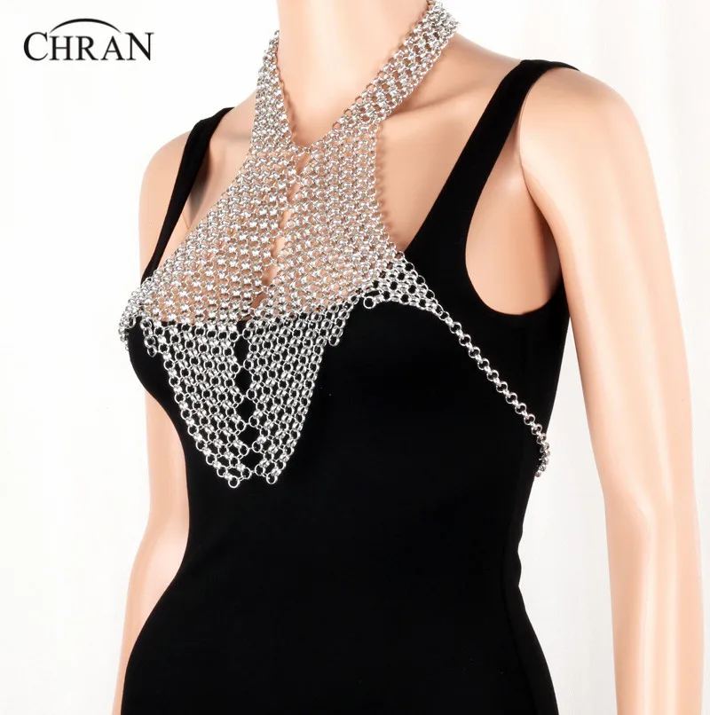 Chran Silver Gold Color Fringe Bib Shoulder Necklace Mesh Beach Chain Wear Harness Punk Slave Choker Necklace Jewelry BDC712