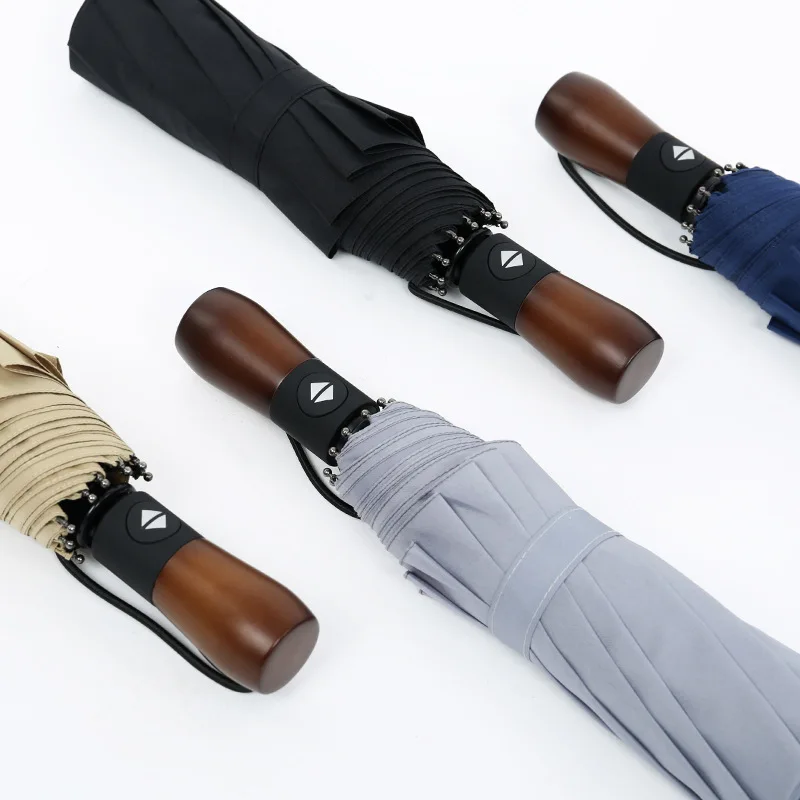 New Arrival Automatic Men Umbrella Three Fold Wooden Handle Black Coating Sun Folding Umbrellas 10K Windproof