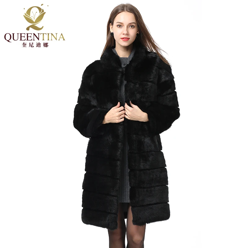 QUEENTINA Real Rabbit Fur Coat New In Outerwears Winter Stand Collar Thick Soft Warm Clothing Women Pelt Natural Long Fur Jacket