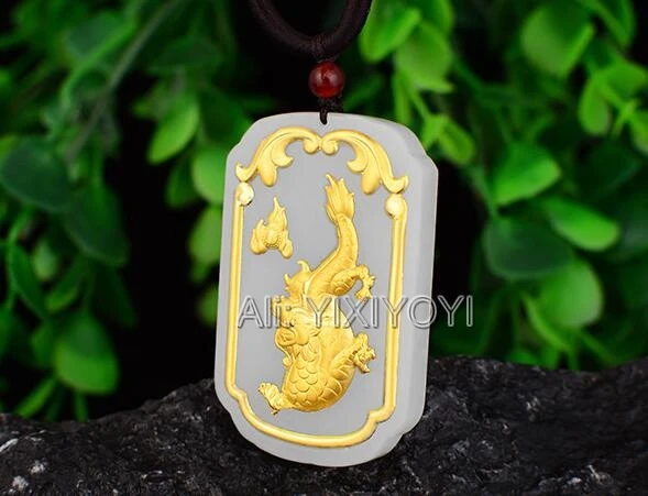 Natural White Hetian Jade + 18K Gold Chinese Handwork Dragon Phoenix Amulet Lucky Pendant + Free Necklace Jewelry Certificate