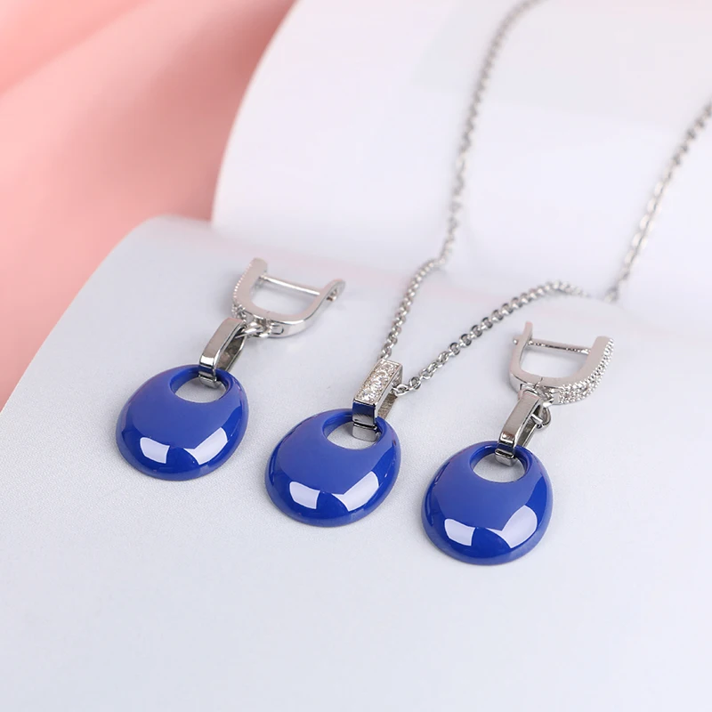 New Design Blue Water Drop Jewelry Set Elegant Temperament Never Lose Color Healthy Ceramic Earrings Necklace Bling Crystal Gift