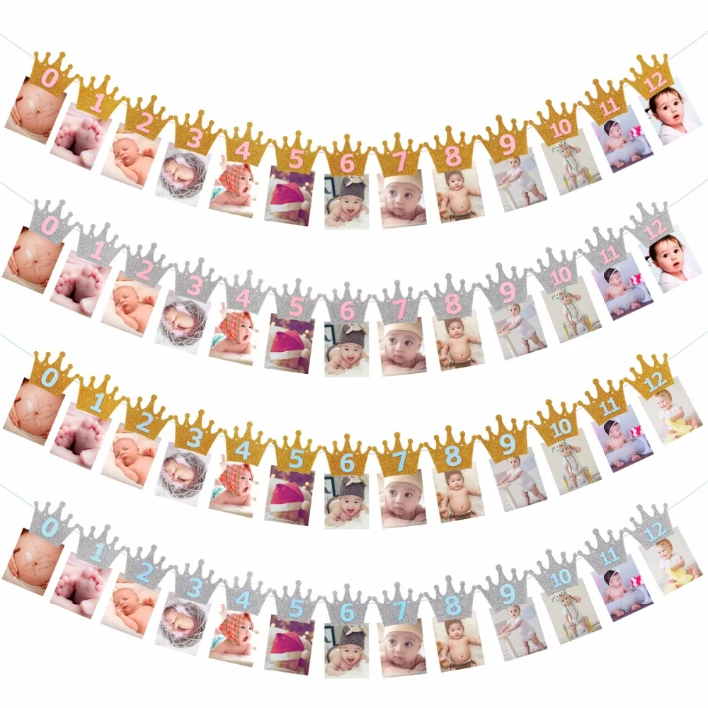 Baby 1st Birthday Boy Girl 12 Month Photo Banner One Year Party Photo Bunting Garland Kids First Birthday Boy Party Decoration