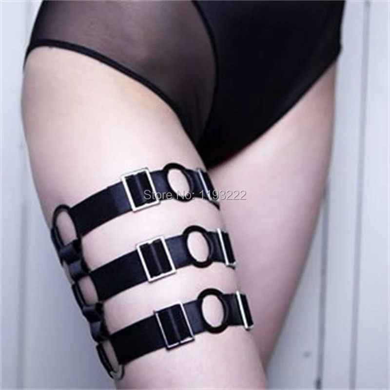 Adjustable Punk Rock Cosplay Heavy Metal Handmade Nylon Elastic Three Row Thigh High Leg  Garter Belts loops