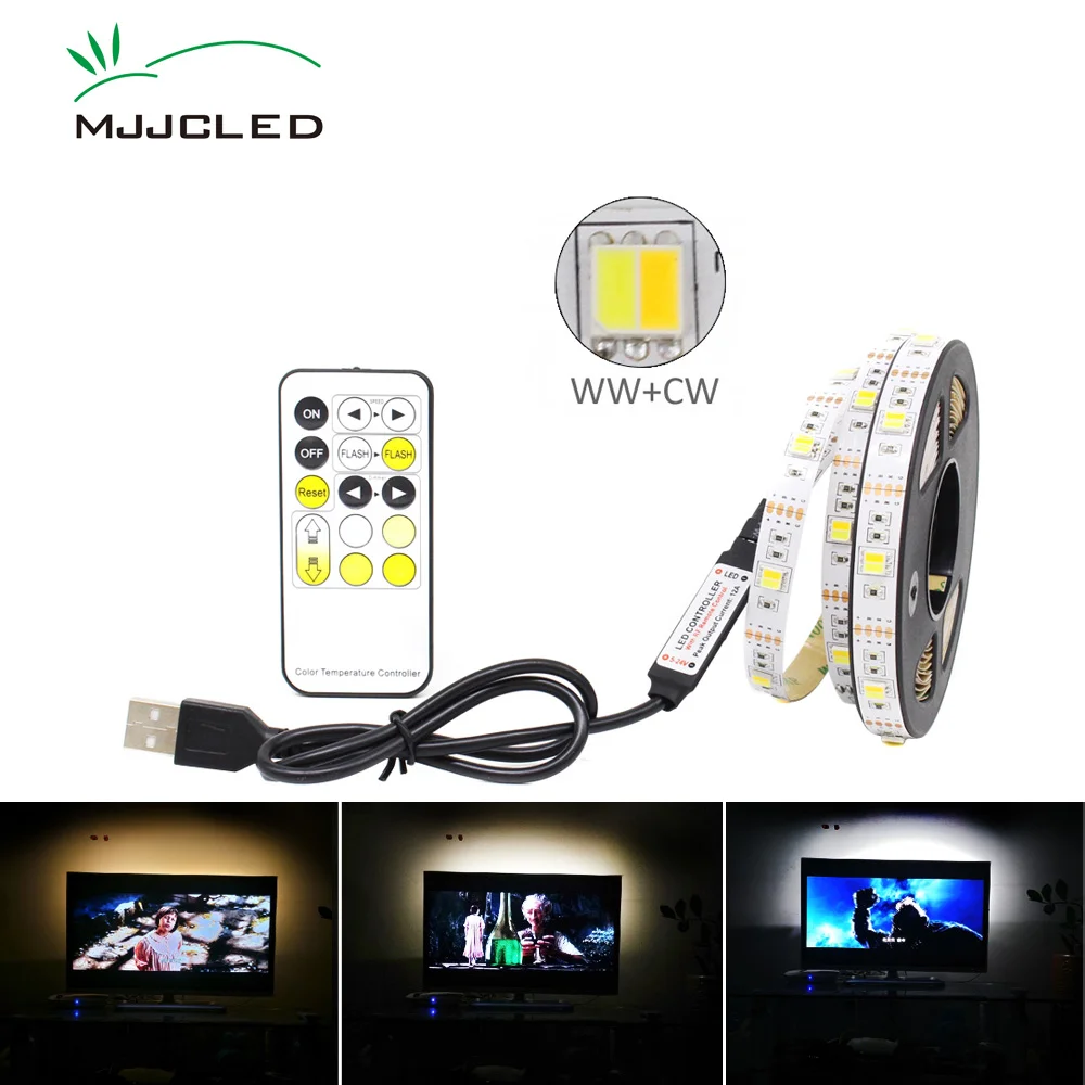 LED Strip CCT 5V USB Dimmable 5050 LED Strips CW WW RF Remote Controller Adjustable LED Stripe Tape USB Backlight TV Lighting