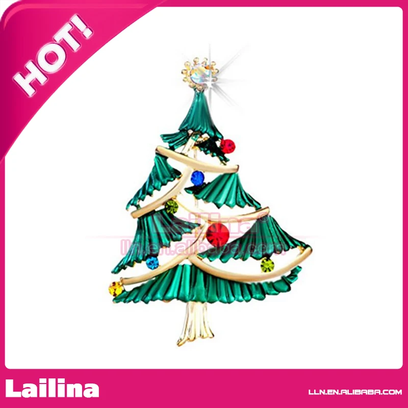 

50pcs/lot Free Shipping Delicate Green Colored Elements Lovely Christmas Tree Brooch For Christmas Gift