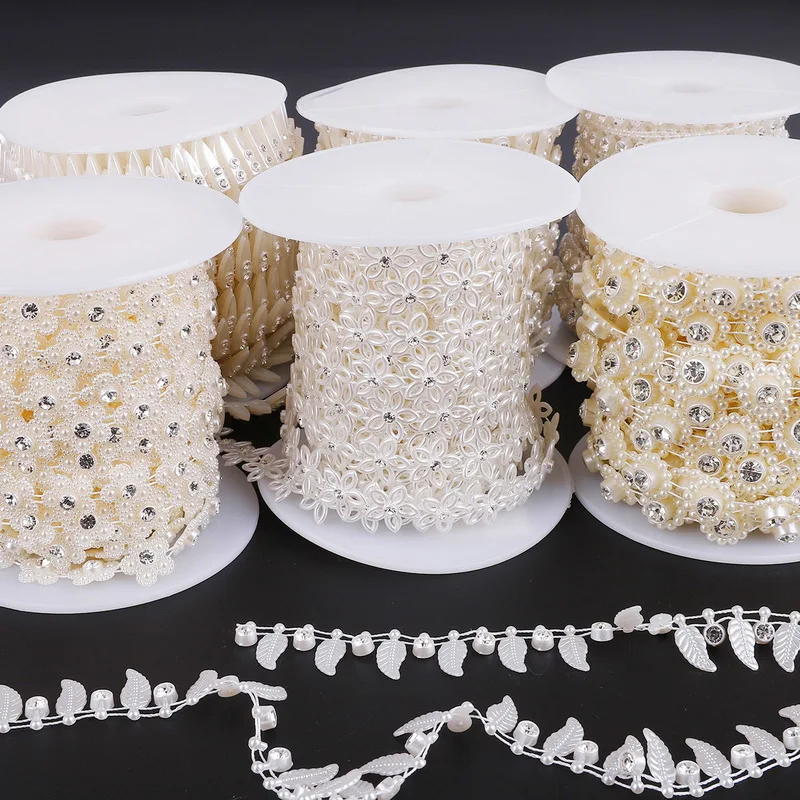 Fashion 1M/bag ABS Imitation Pearl Beads Chain Trim with Crystal Rhinestone for DIY Wedding Party Decoration Craft Supplies