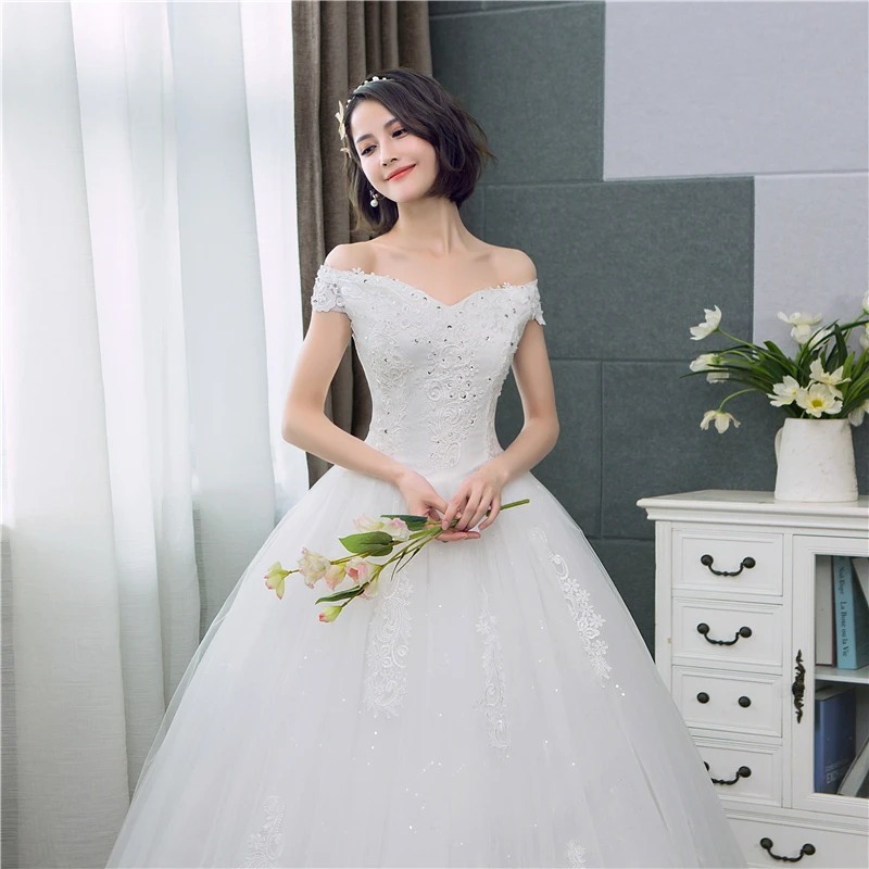 Tanie koronkowe suknie ślubne 2020 dekolt w szpic off the shoulder Tulle w stylu koreańskim naszycie ślubne suknie ślubne Robe De Mariage