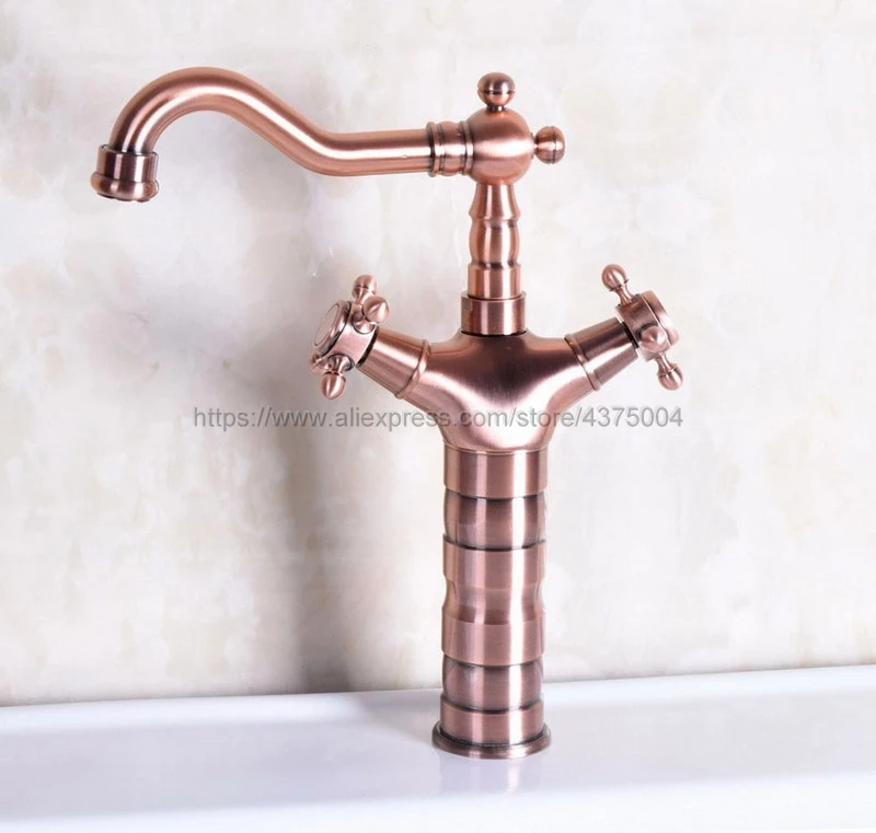 Bathroom Antique Red Copper Retro Dual Cross Handle Faucet Next Basin kitchen Sink Swivel Mixer Vessel Tap Nnf128