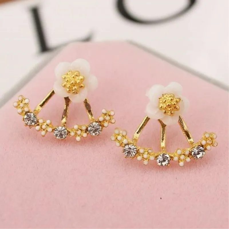 New Fashion Small Daisy Double Side Back Post Hanging Stud Earrings for Women Beautiful Crystal Flower Ear Jewelry Wholesale