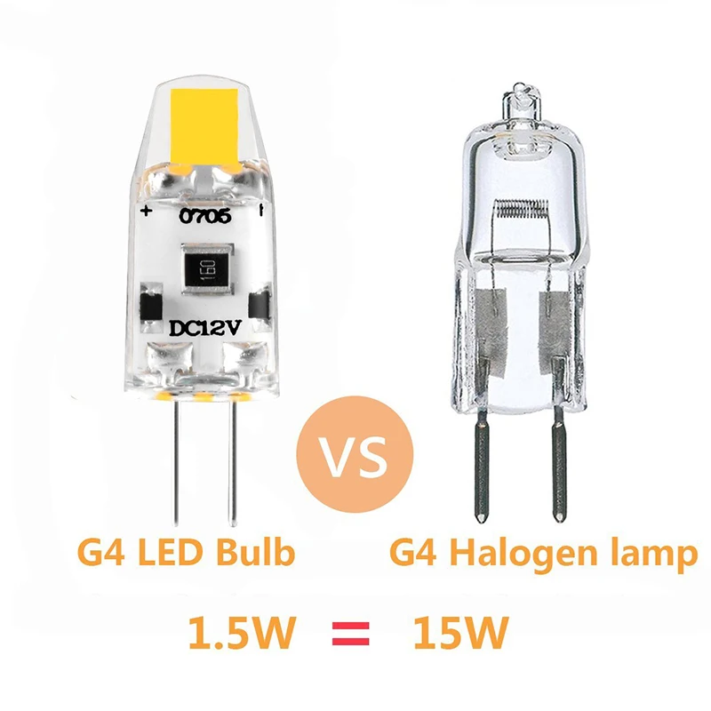 10 Uds G4 12V bombilla LED regulable G4 12v lámpara 360 ángulo de haz bombillas sin parpadeo reemplazar 10W 15W lámpara halógena