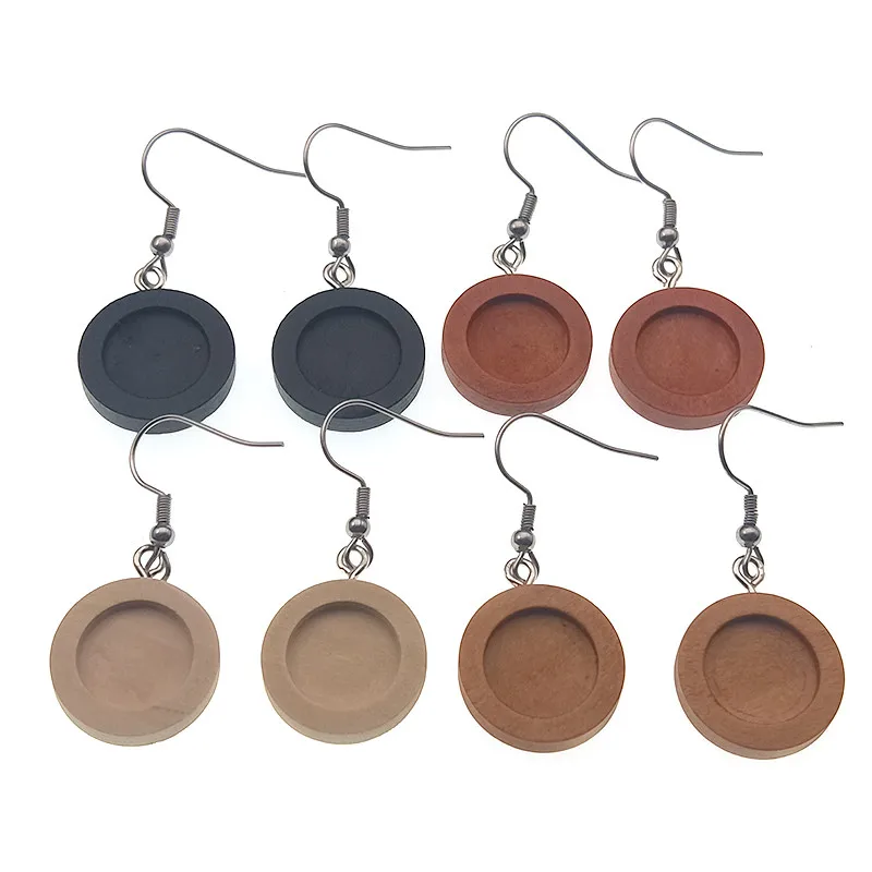 10PCS 12 16 20 25 30 mm Blank Wood Cabochon Base Earrings Settings Findings Stainless Steel Earring Hooks for DIY Jewelry Making