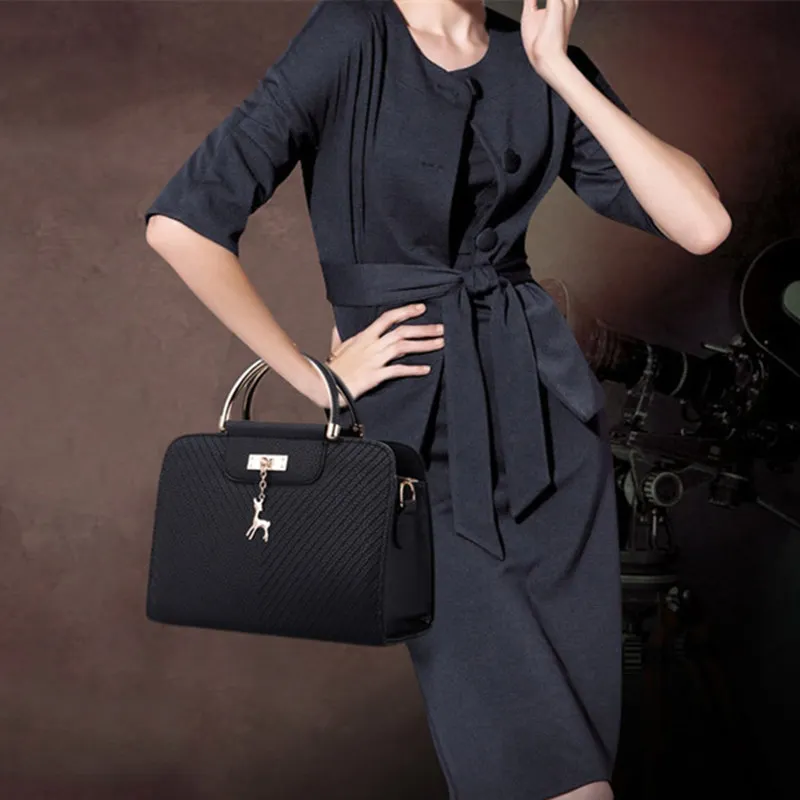 

Large Capacity Shoulder Casual Tote Simple Handle Hand Bags Deer Decor Fashion Handbag Women Leather Bag