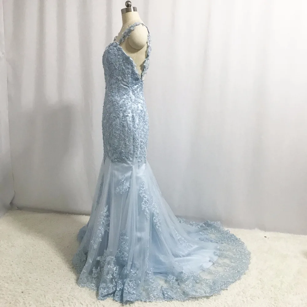 Robe de soirée sirène dos nu perlée, bleu, appliques chérie, robe de créateur éducative