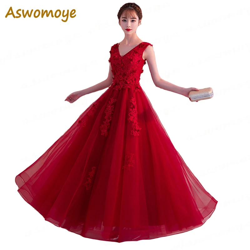 

Elegant Long Red Evening Dress Sexy V-neck Formal Dresses Vestido De Festa Prom Gowns 2018 New Haute Couture Robe De Soiree