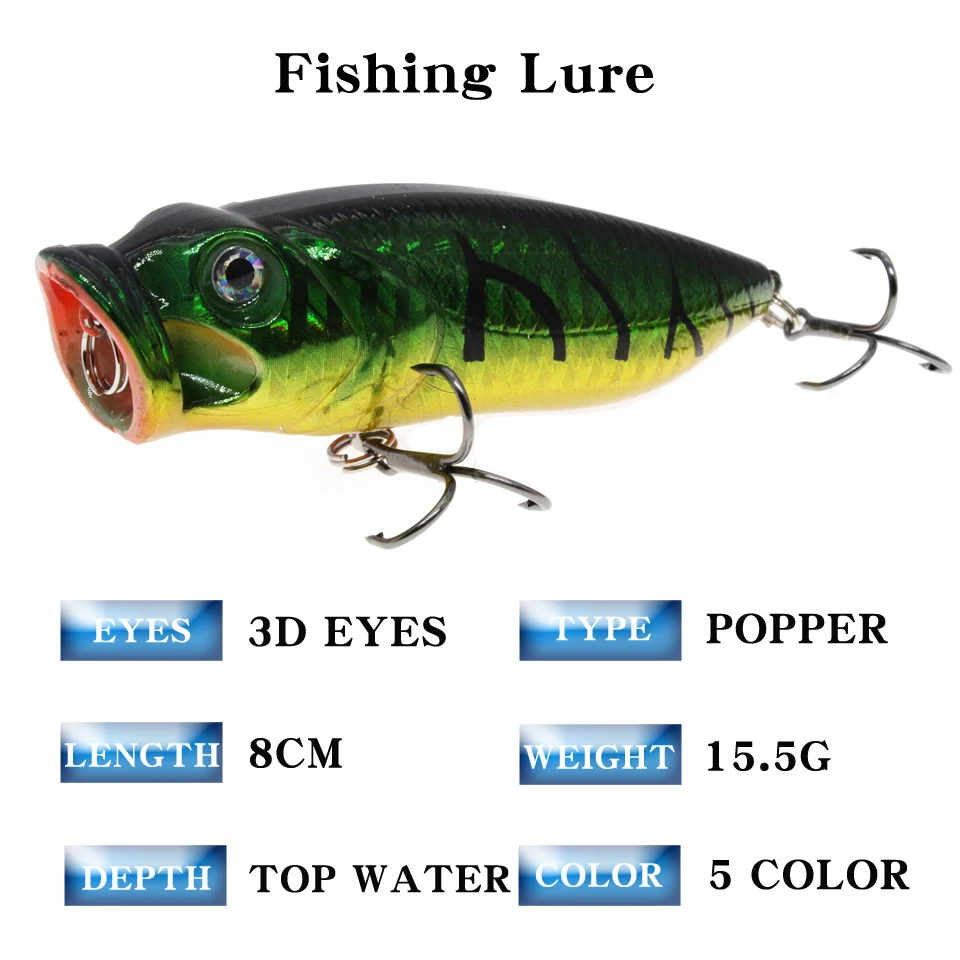 1pcs Topwater Popper Fishing Lures 3D Eyes Crankbait Wobbler Fishing Tackle 5 Colors Available Hard Baits Wholesale