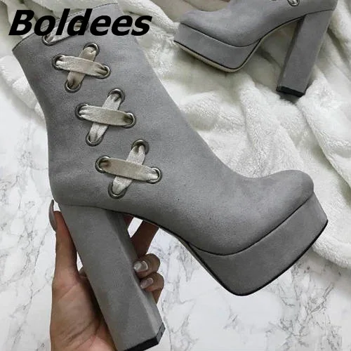 

Glamorous Grey Velvet Platform Chunky Heel Booties Women Fancy Ribbon Lace Up Decoration Block Heel Ankle Boots With Inside Zip