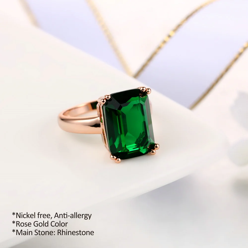 Double Fair Octagon Cut Green Crystal Ring Rose Gold Color Fashion Big Red Rhinestone Party Wedding Jewelry For Women DFR700