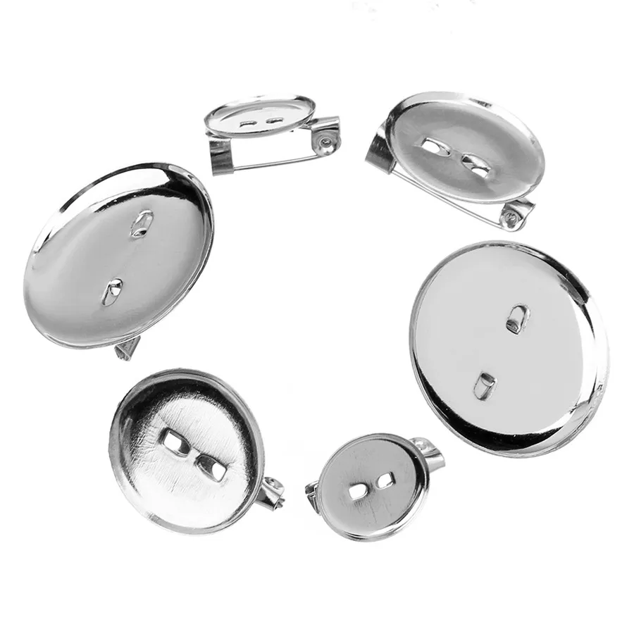 50pcs Metal Rhodium Platting with Bottom Paper Clip 13/19/24/29mm Round Blank Bezel Brooch Cabochon Base For DIY Jewelry Making