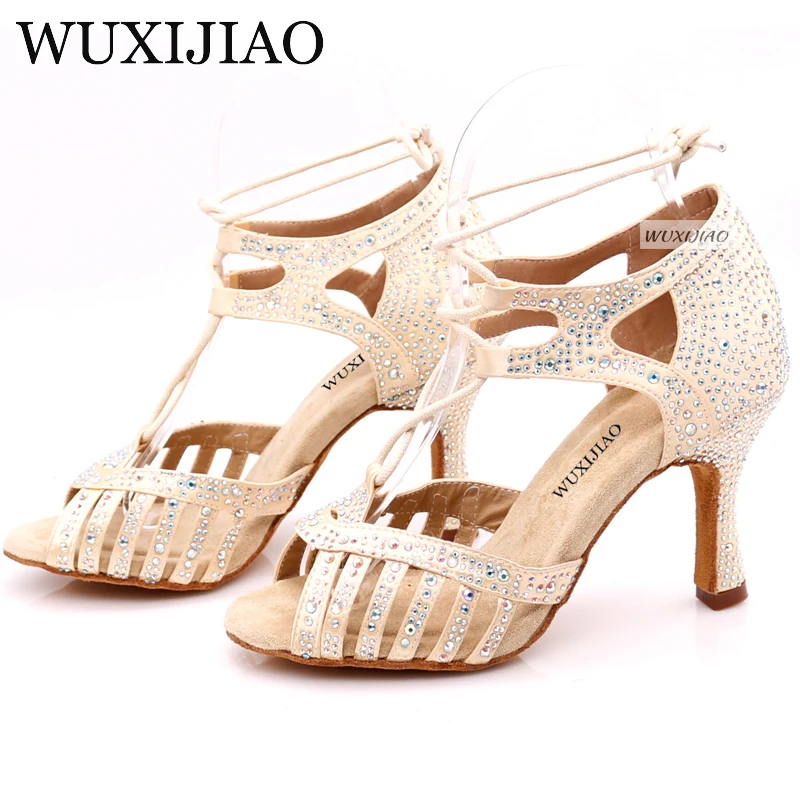 WUXIJIAO Neue Beige und Schwarz satin Salsa Dance Schuhe Weichen Boden Latin Kizomba Tango Ballroom Dance Schuhe Ferse 6/7. 5/8. 5/10 cm