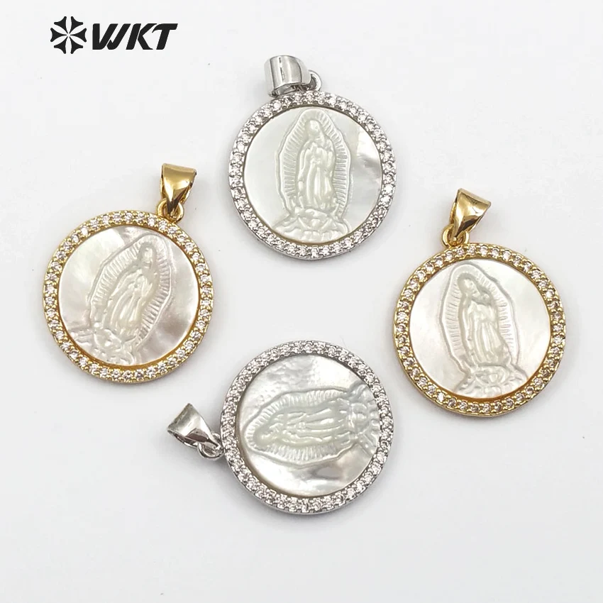 MP112 WKT 18*18MM White Shell Metal Pendant Religion Round Shape Virgin Mary Carved With Micro Pave Zircon For Jewelry DIY