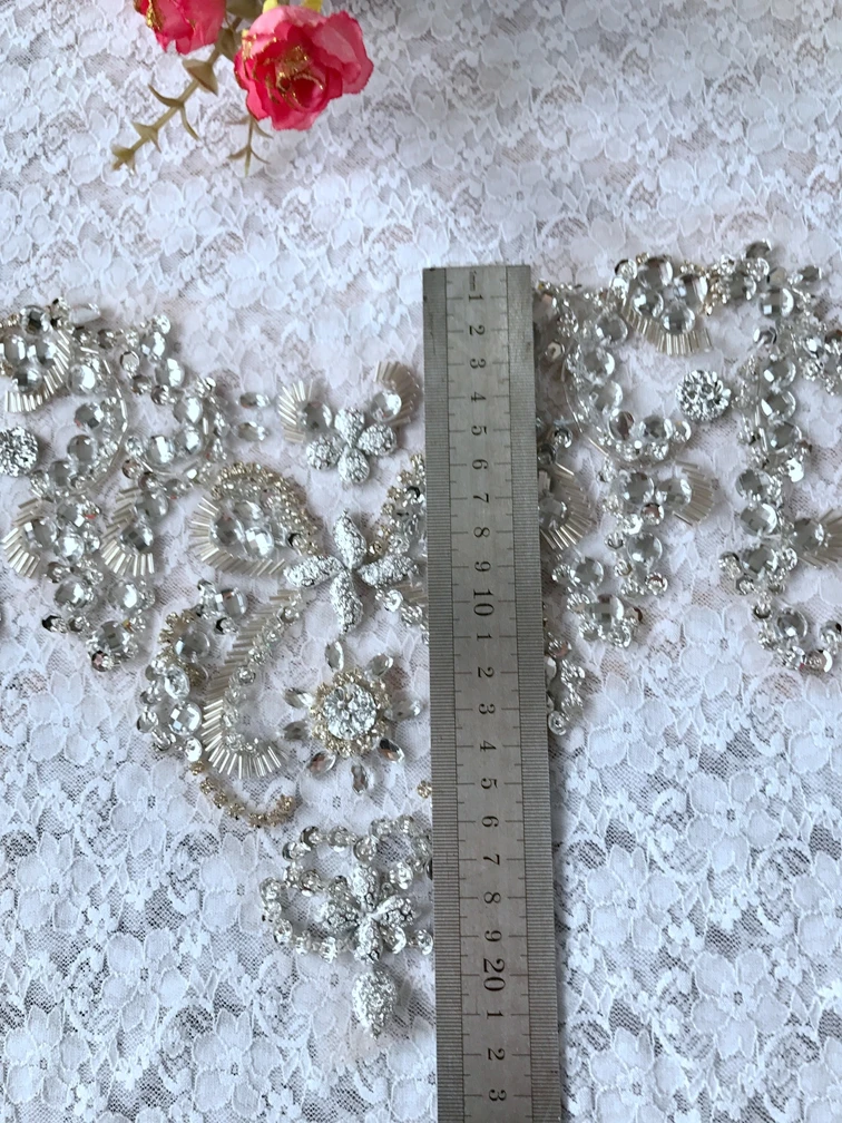 handmade silver sew on rhinestones  applique  crystals trim patches 29*21cm for  dress DIY  accessories