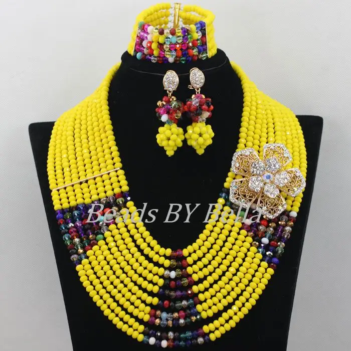 Fashion Yellow Crystal Necklace African Beads Jewelry Set Nigerian Wedding Party Beads Lace Jewlery Set Free Shipping ABF483